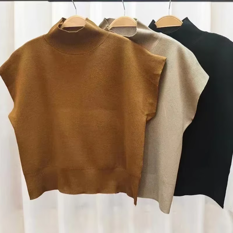 Nouveau pull chemise été solide col montant décontracté tricoté gilet à manches courtes bureau dame ample élégant droit 20397