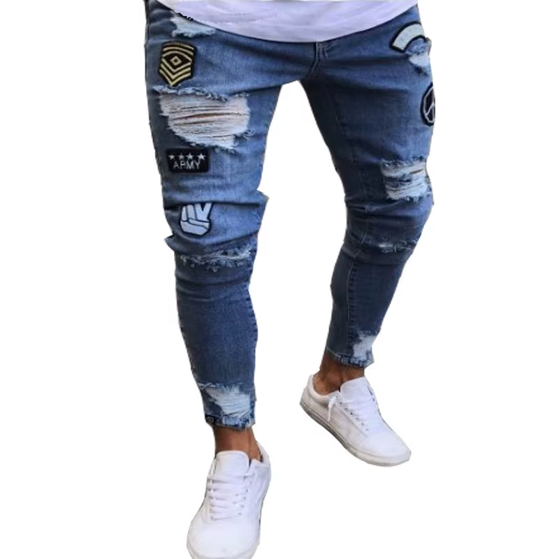 Hommes jean genou trou déchiré Stretch maigre Denim pantalon couleur unie noir bleu automne été Hip-Hop Style Slim Fit