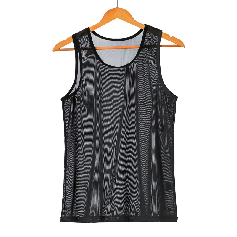 Hommes sans manches maille pure réservoir vêtements d'extérieur gilet d'entraînement résille évider voir à travers le maillot de corps