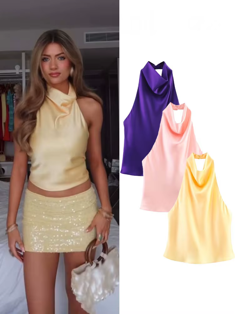 HH femmes été nouvelle mode Chic hauts courts solide sans manches dos nu décorer boutons femme Sexy mince