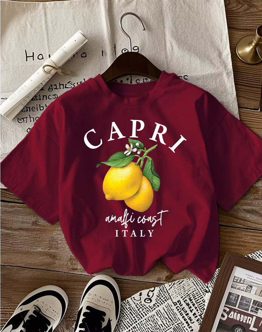 Capri citron est produit en italie imprimé femmes T-Shirts coton col rond manches courtes à la mode ample Streetwear tout-Match haut d'été