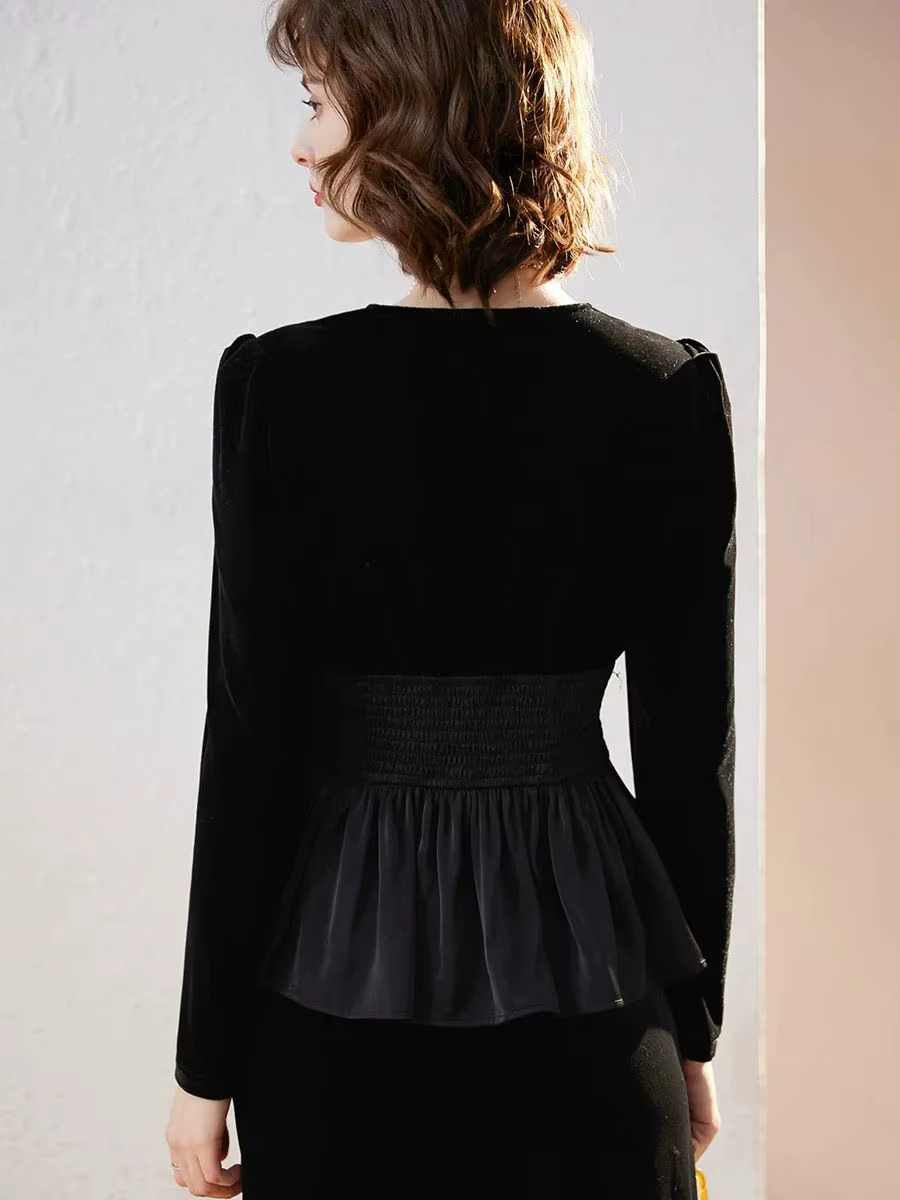 Modiis Yao-Haut en velours vintage pour femme, col en V, chemise à manches longues, conception d'ourlet épissé, automne, 2023