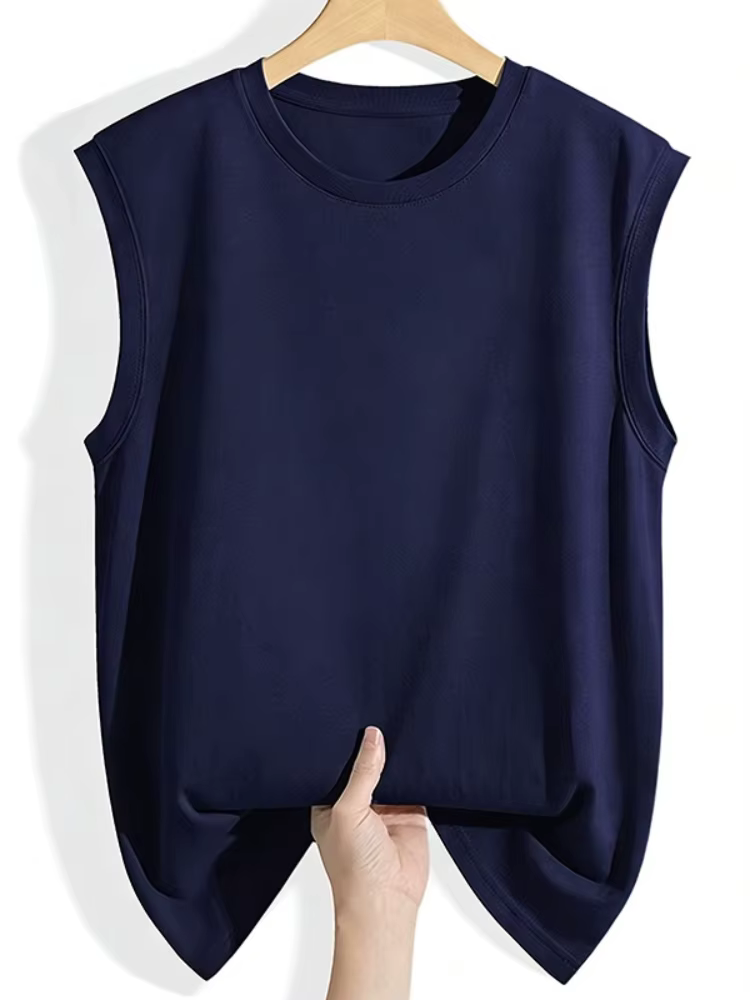 Débardeur Femme Été 2026 en Coton Col Rond Sans Manches Couleur Unie avec Poignets Côtelés Coupe Ample Décontractée Polyvalente