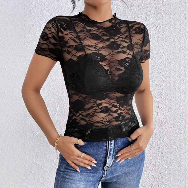 Nouveau T-shirt noir à col montant orné de dentelle, coupe ajustée, pour femme