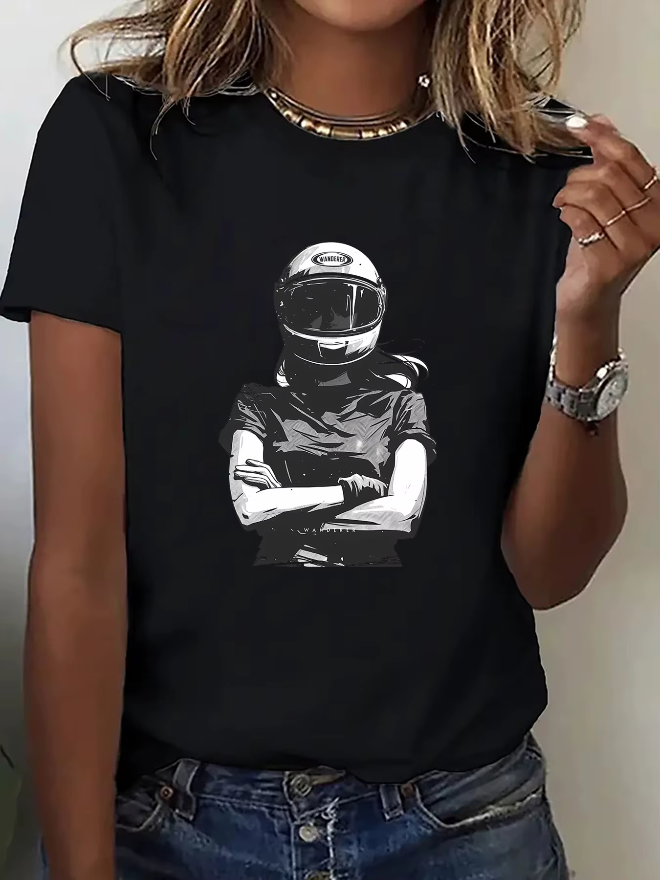 T-Shirt pour femmes, imprimé graphique motard