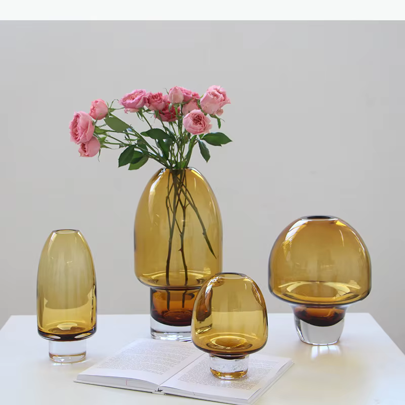 Vase en verre transparent couleur ambre, pots ronds pour fleurs, décoration de table, arrangement floral, vases floraux, décoration esthétique de la pièce