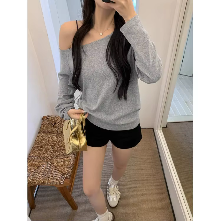 T-shirt asymétrique épaule dénudée à manches longues pour femmes