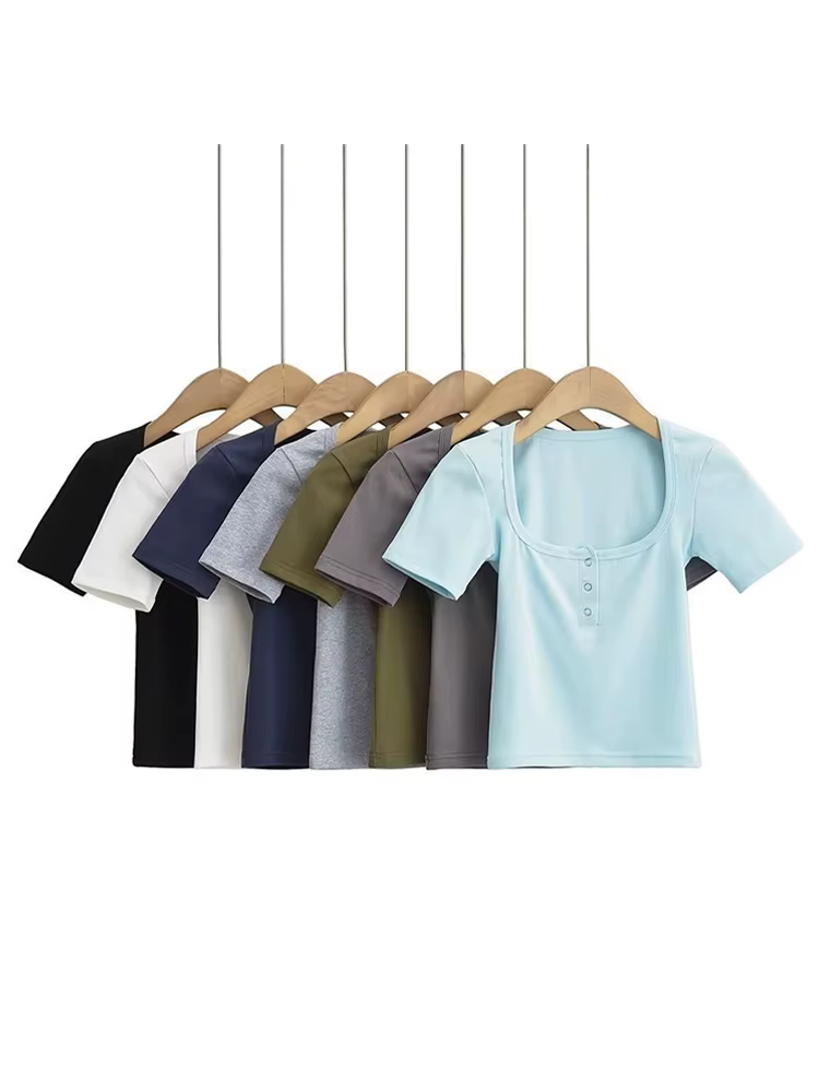 T-shirt court à manches courtes pour femmes, avec boutons sur le devant