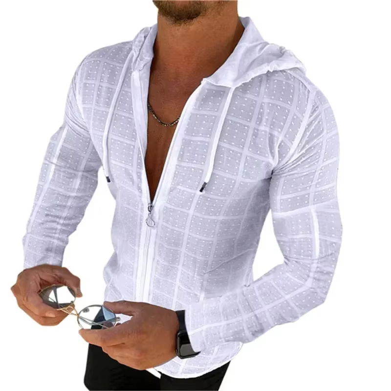 Mode d'été sans manches/long/manches courtes sweat à capuche fermeture éclair t-shirt décontracté imprimé à carreaux point ouvert plage Protection solaire vêtements