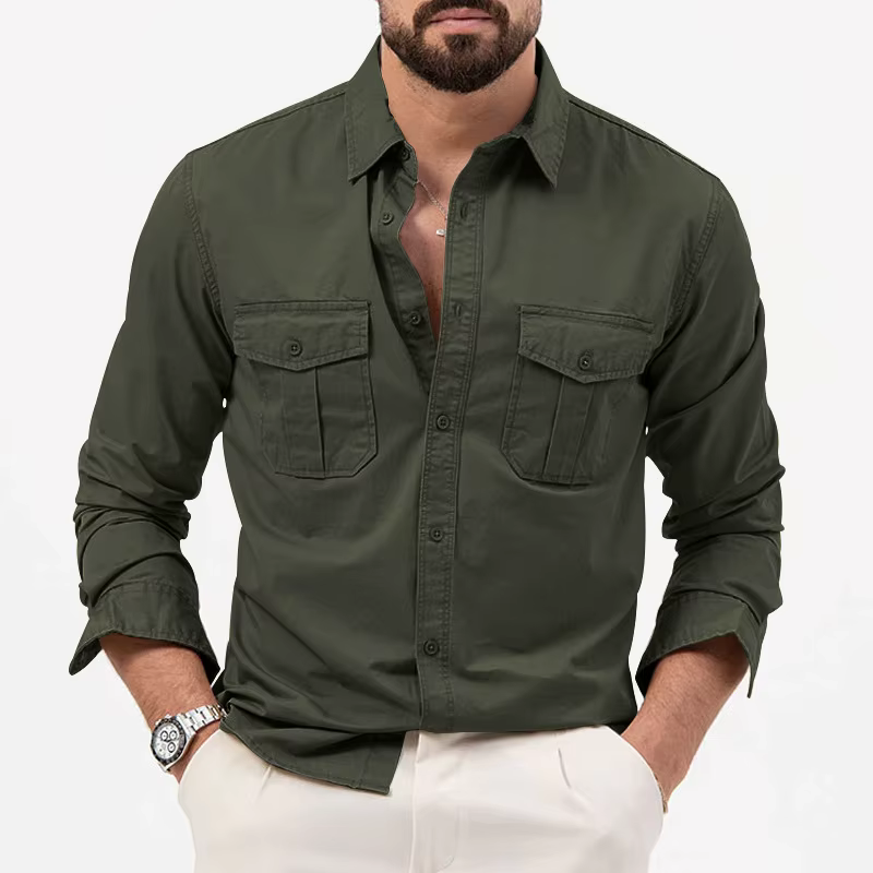Nouvelle chemise décontractée multi-poches à manches longues pour homme