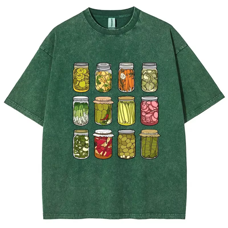 Dessin animé Kimchi imprimé T-shirt rétro lavé coton col rond manches courtes décontracté Design de mode unisexe haut basique