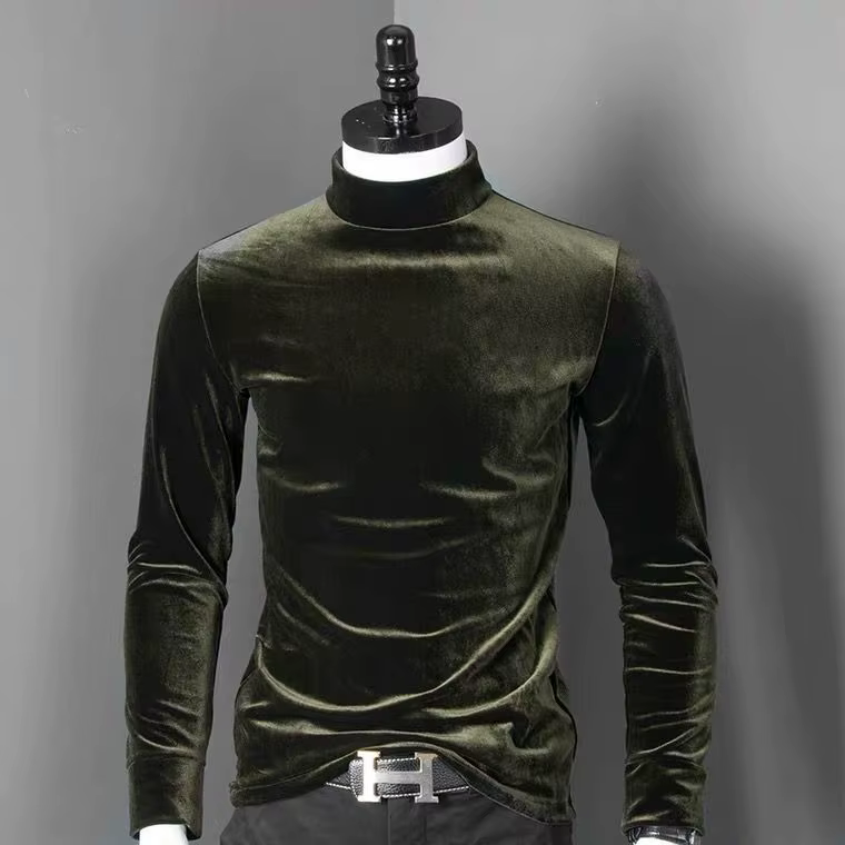 T-shirts en velours à col roulé pour hommes, manches longues, couleur unie, collection Printemps-Automne 2026, T-shirts en velours, grandes tailles, chemise basique M-7XL