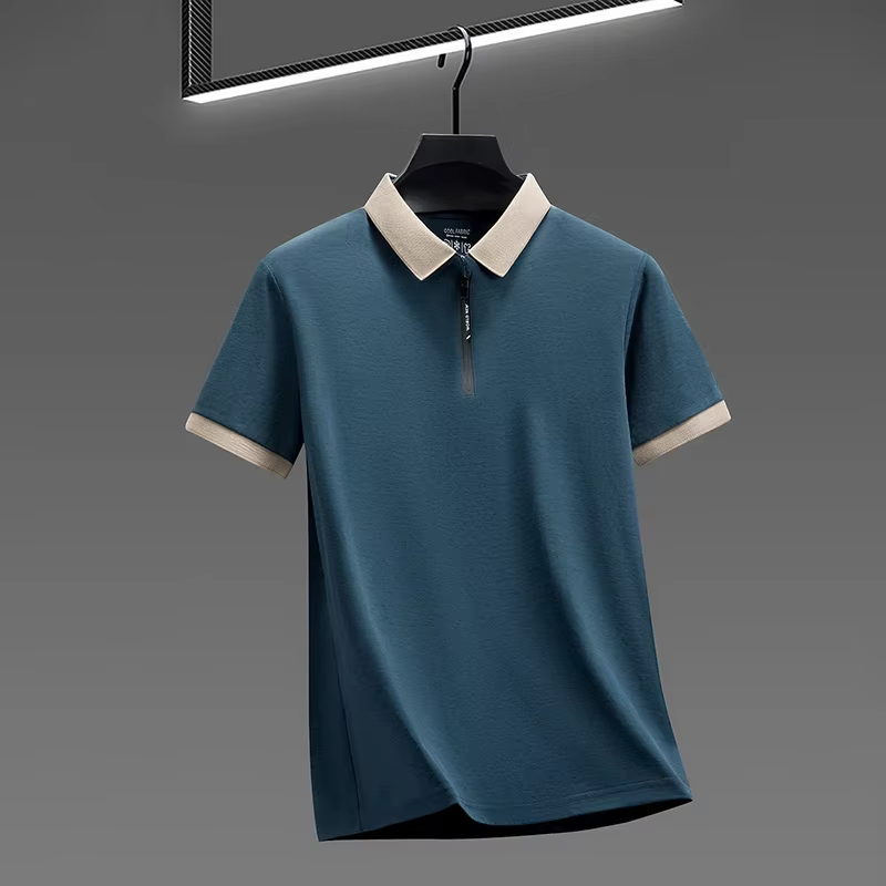 Polo pour homme en tissu respirant à demi-zip avec col à revers et manches courtes
