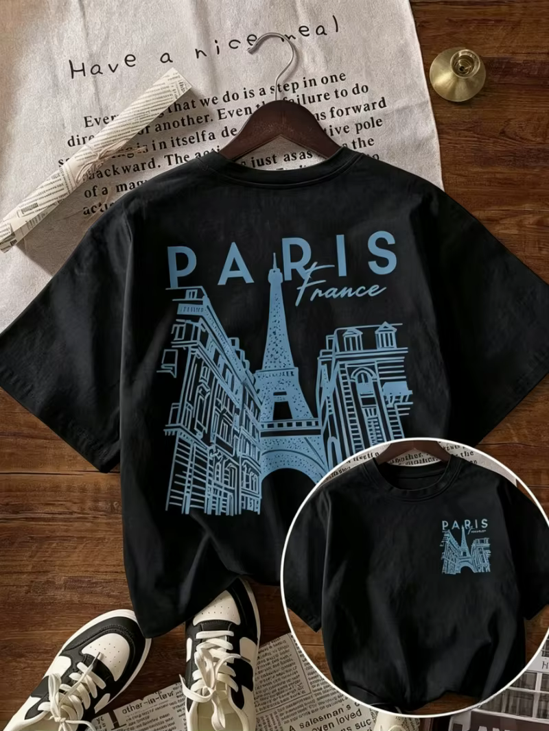 T-shirt français Paris « Paris France » avec imprimé croquis de la Tour Eiffel, hauts à manches courtes pour femmes, décontractés, pour tous les jours et la plage