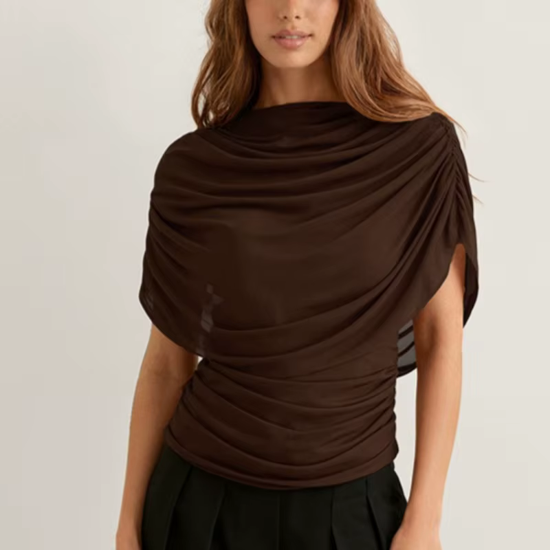 Haut élégant drapé à col bénitier en maille, manches courtes, coupe ajustée, sexy, style 'Hot Girl', avec taille froncée, couleur unie, pour l'été
