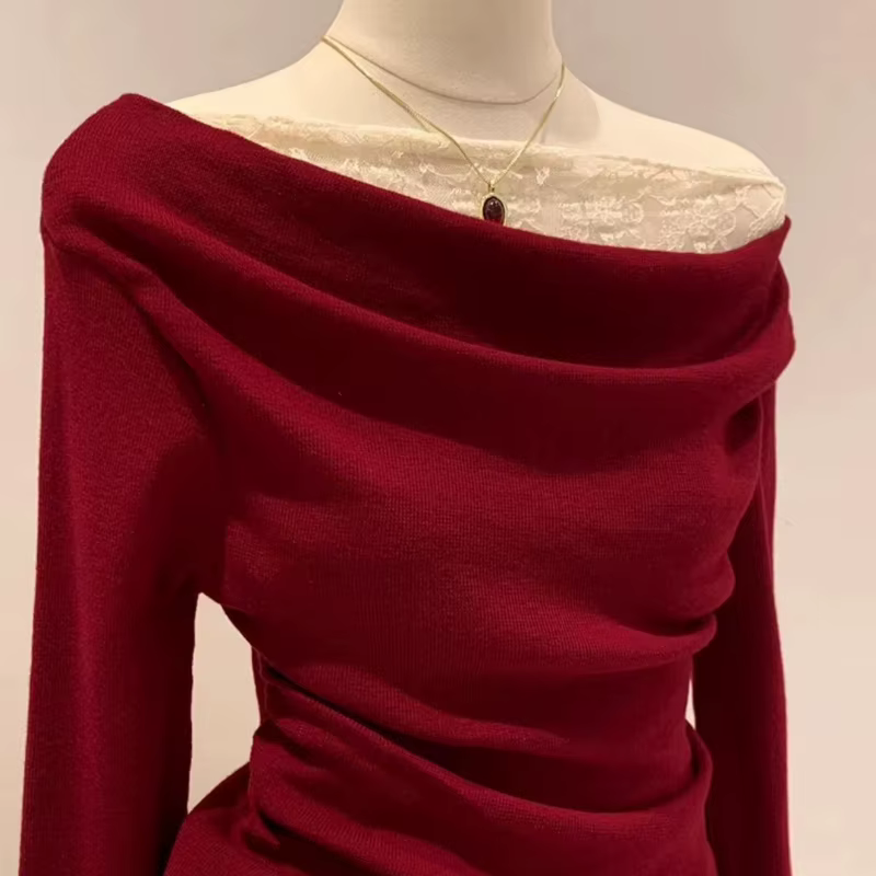 Dentelle rouge un cou épaules dénudées T-Shirts à manches longues femmes