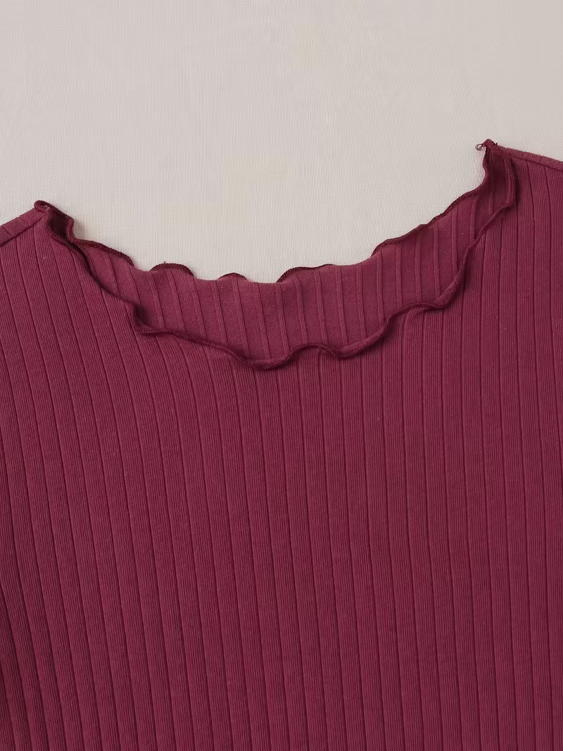 T-shirt côtelé bordeaux uni à manches courtes pour femme