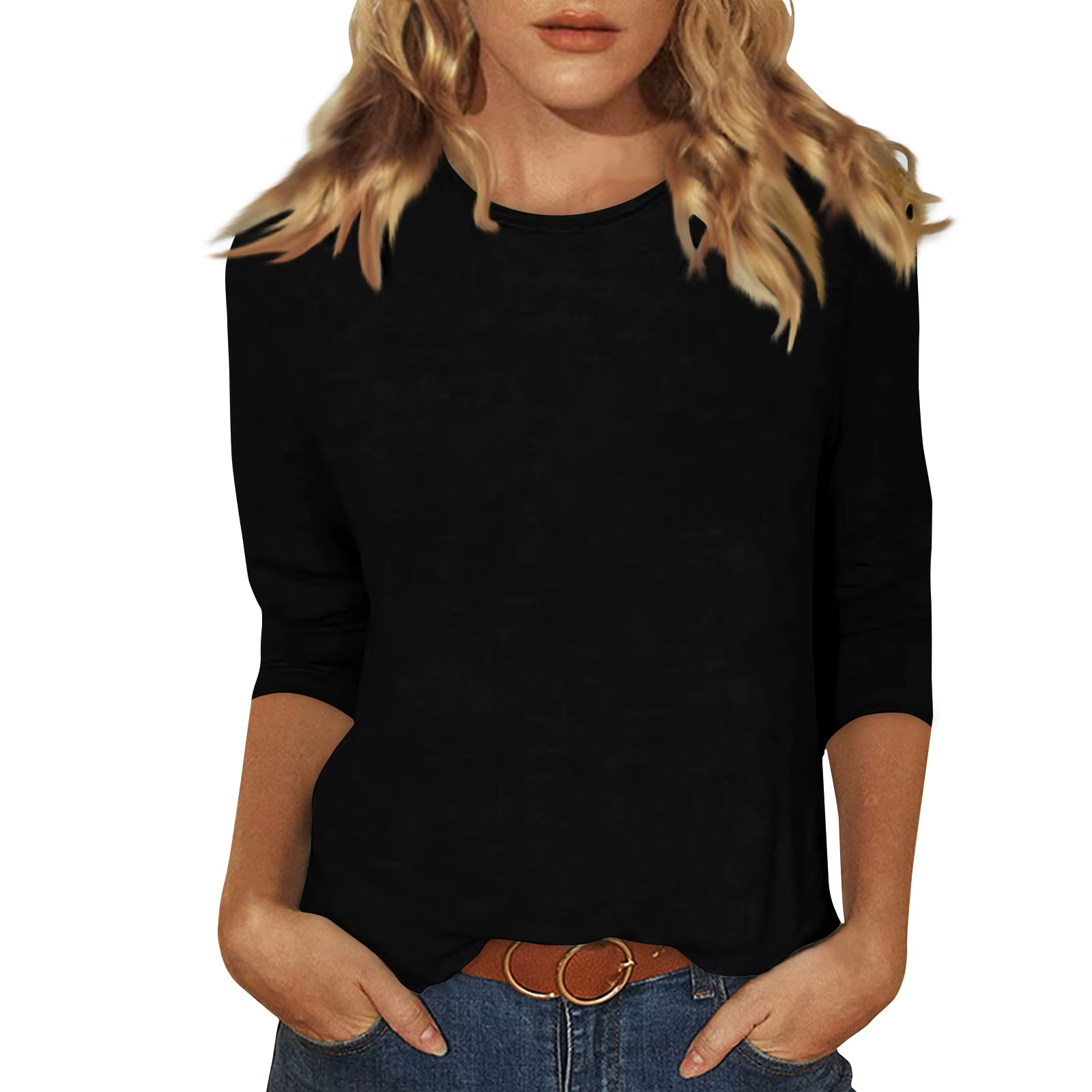 Femmes été hauts col rond trois quarts manches confortable impression t-shirt Blouse