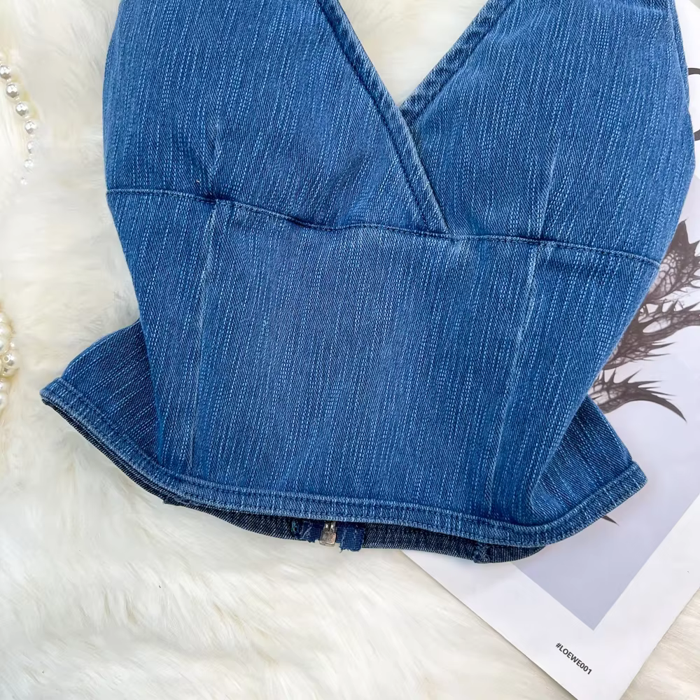 Précieux haut en jean pour femmes, épaules dénudées, dos nu, streetwear, été, col en v, mode, livraison directe