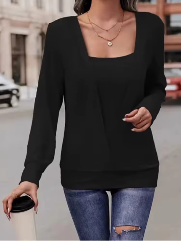 Col carré couleur unie à manches longues décontracté ample femmes T-shirt quotidien bureau élégant déplacement Style haut d'automne