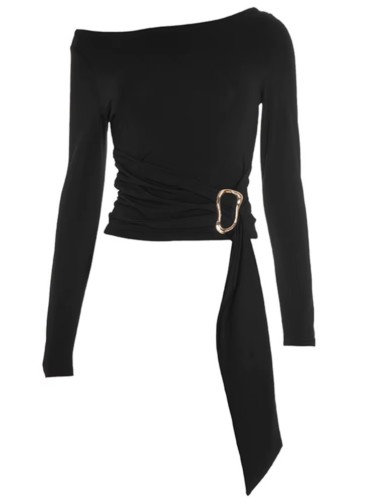 T-shirts à manches longues pour femmes vêtements esthétiques Slash cou haut court glands t-shirt couleur unie Camisetas coupe ajustée Ropa De Mujer