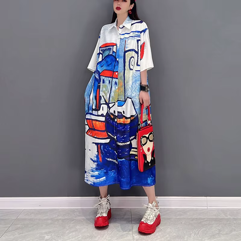 Demi manches coupe ample marée grande taille femme nouveau 2023 été chemise décontractée Robe Style japonais bleu noir