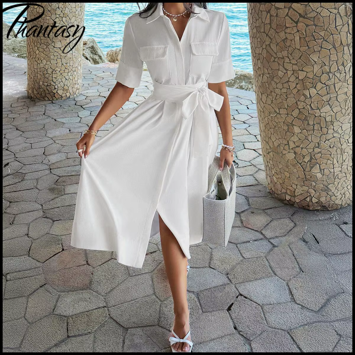 Robe chemise élégante blanche boutonnée pour femme