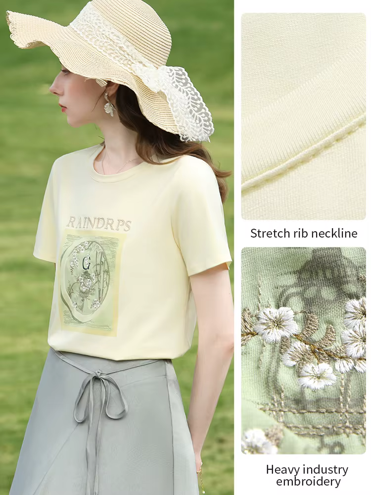 I BELIEVE YOU T-shirt à broderie florale jaune clair pour femme