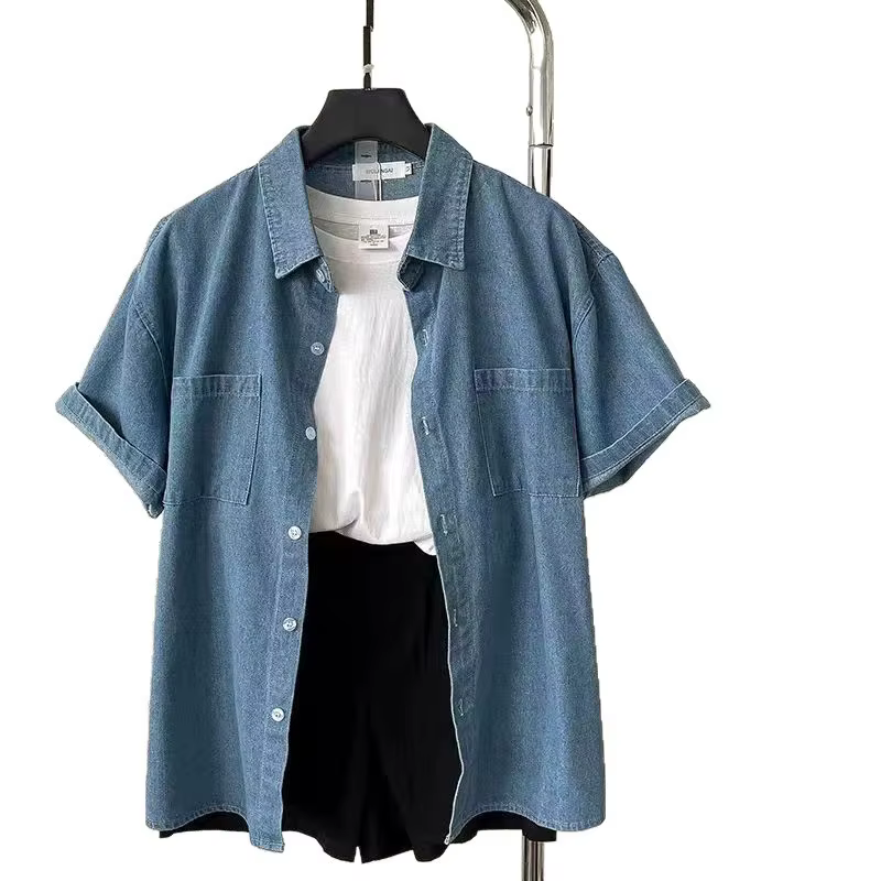 Chemise décontractée vintage en denim ample à manches courtes pour femmes printemps été nouveau style polyvalent col