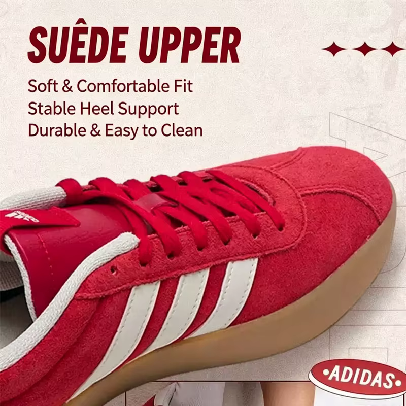 Chaussures de skate Adidas Originals rouges à tige basse, en daim, classiques, 3 bandes, semelle en caoutchouc, baskets décontractées vintage KI5079