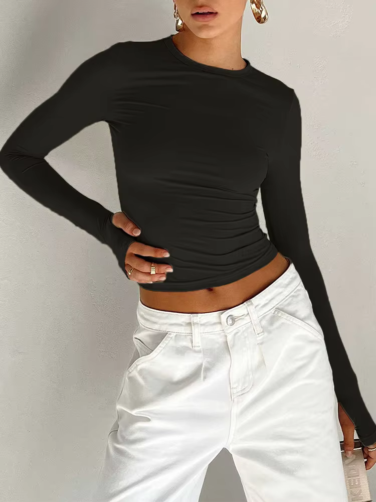 T-shirt à manches longues et col rond pour femme