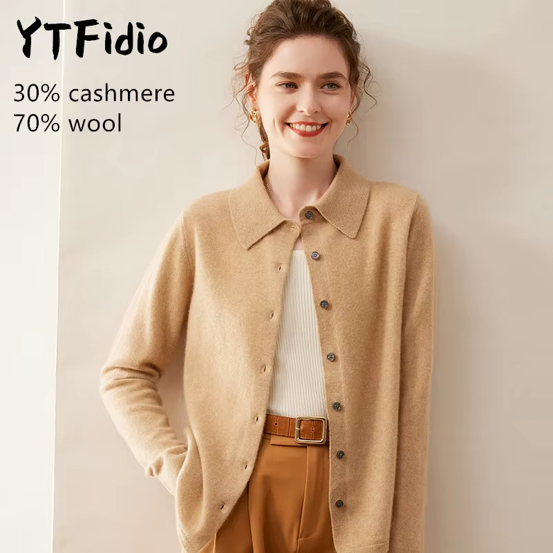 YTFidio cachemire laine mérinos pull femmes col POL à manches longues haut de luxe vêtements de créateur femme Cardigans 114