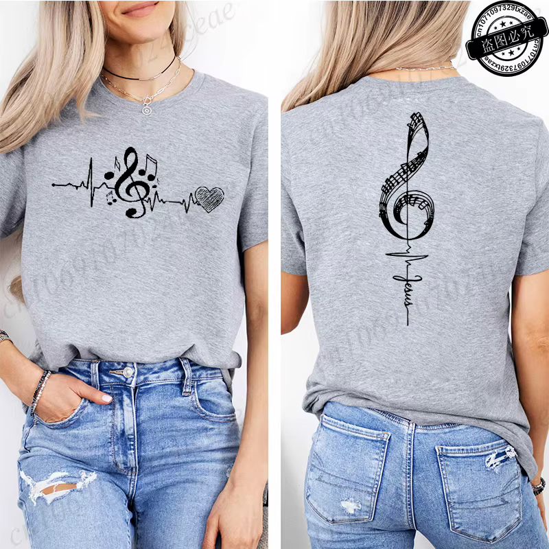 T-shirt imprimé avec notes musicales pour femmes, t-shirts graphiques avec motif de battement de cœur, vêtements esthétiques pour femmes, cadeau pour musicien