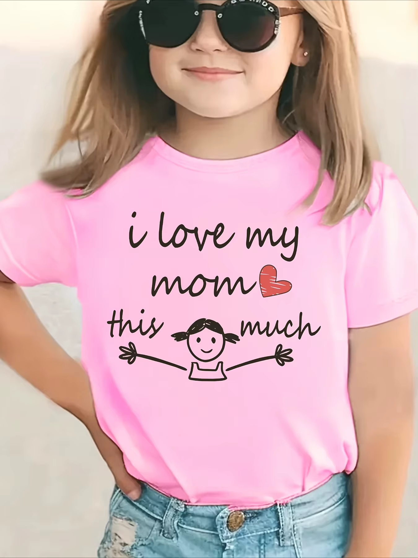 T-Shirt graphique «I LOVE MY MOM THIS MUCH» pour filles, haut d'été décontracté à manches courtes avec motif cœur, col rond, vêtements pour enfants
