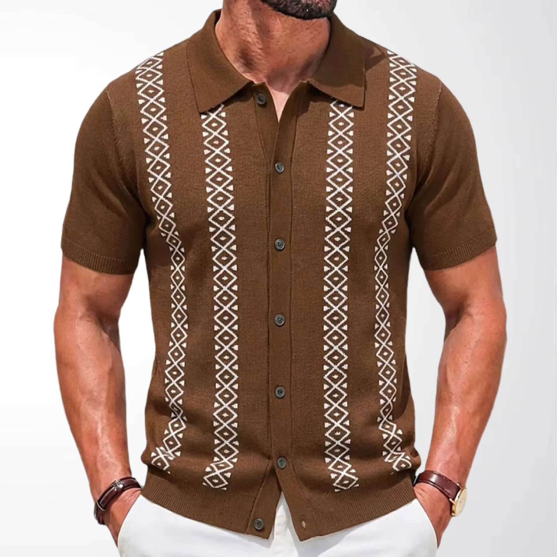 Chemise tricotée jacquard rayée d'été pour hommes européens et américains