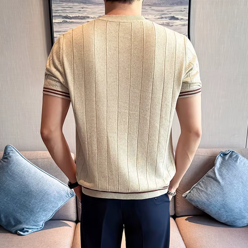 Chemise en lin naturel à manches courtes pour homme - Haut côtelé respirant et frais à col ras du cou avec texture lisse et maintien de la forme