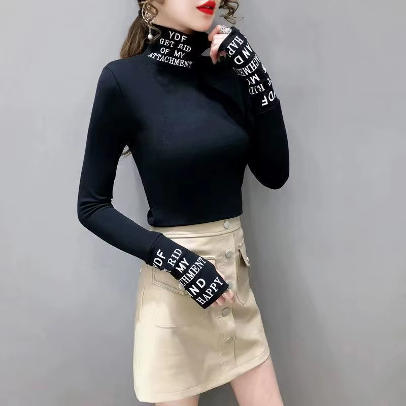 T-shirt à manches longues et col roulé en coton pour femme