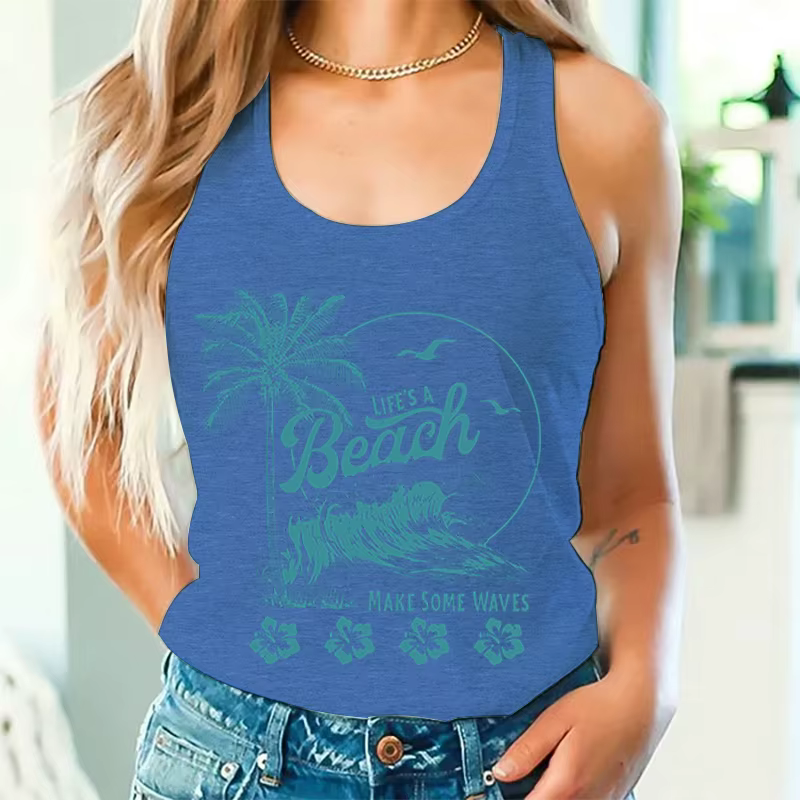 T-shirt décontracté sans manches pour femme « Life's A Beach Make Some Waves »