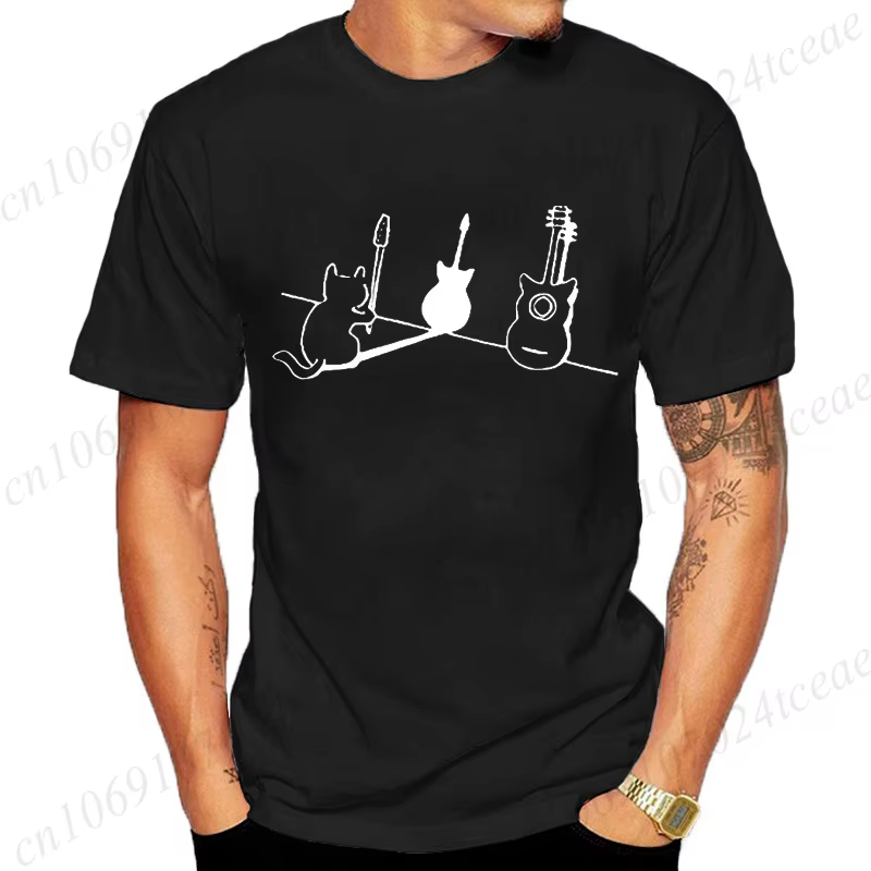 T-shirt pour femmes hommes chat et guitare Design drôle hauts doux unisexe col rond T-shirts vêtements