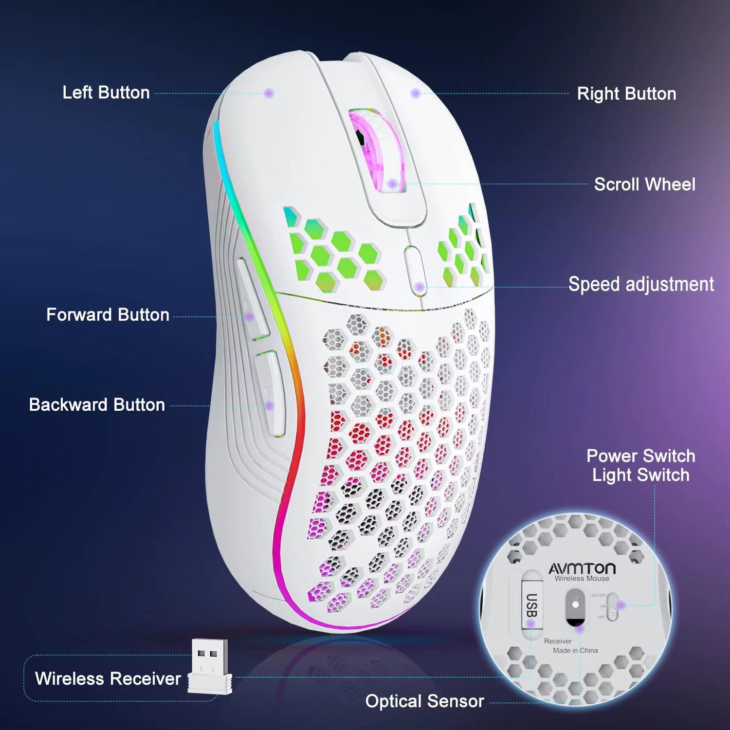 Souris sans fil 2.4G avec rétroéclairage rvb, 6 boutons, 3 vitesses, DPI, Type C, Rechargeable, ergonomique, conception en nid d'abeille, pour jeu