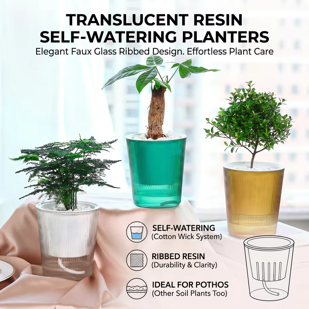 Pots de fleurs en résine semi-transparente auto-arrosants avec design à nervures verticales pour plantes d'intérieur, pothos, succulentes, décoration maison et bureau