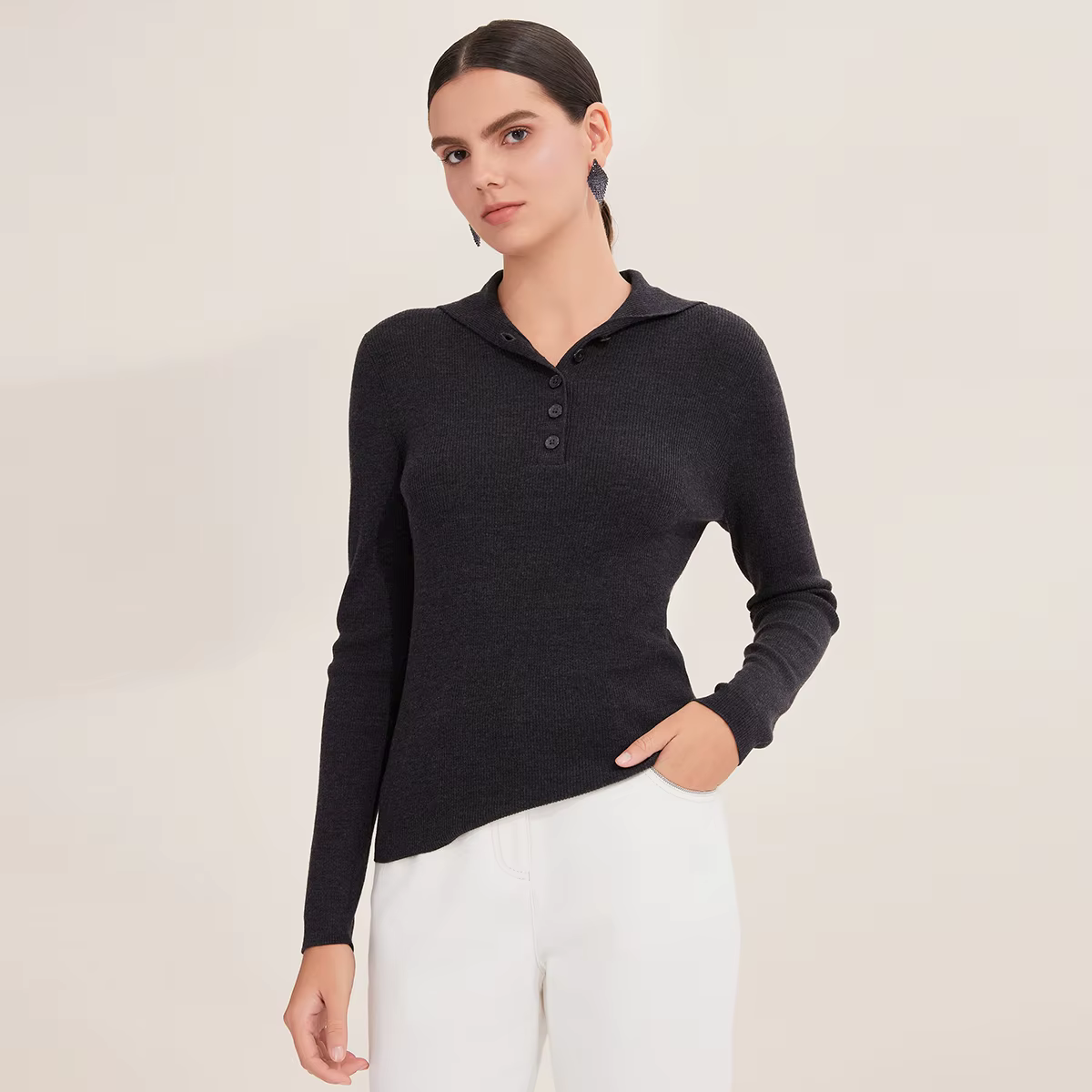 100% laine mérinos pull polo en tricot côtelé pour femme