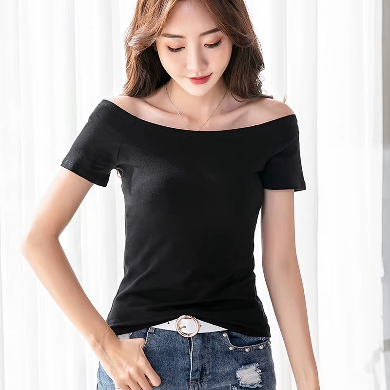 MRMT 2026 Nouveau T-shirt Femme en Coton Coupe Slim Manches Courtes Épaules Dénudées Col Droit