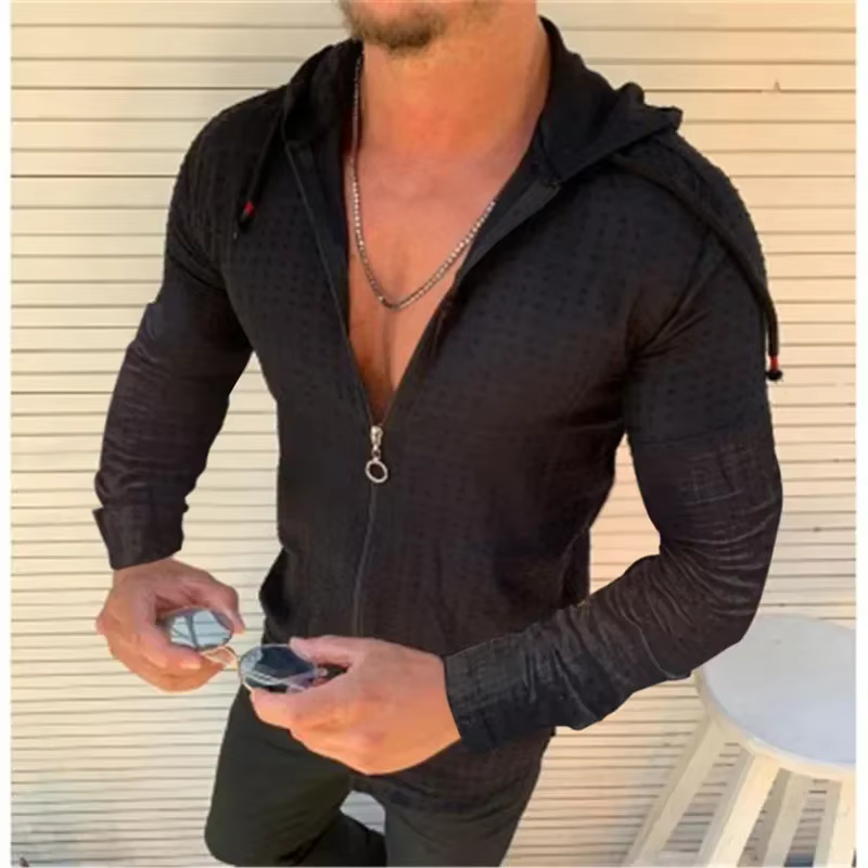 Mode d'été sans manches/long/manches courtes sweat à capuche fermeture éclair t-shirt décontracté imprimé à carreaux point ouvert plage Protection solaire vêtements