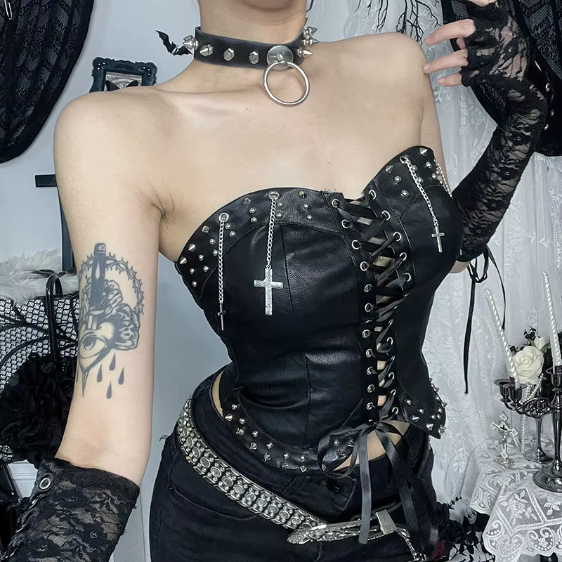 Gothique Style foncé Punk sangle rigged haut 2025 nouveau Sexy mince