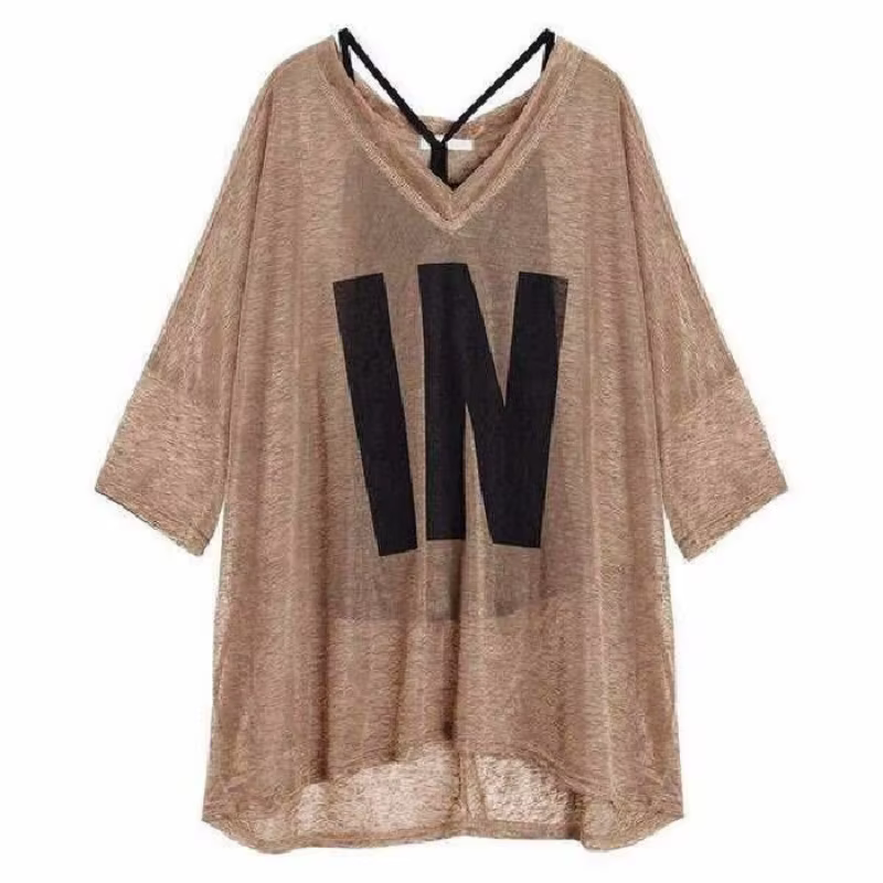 Femmes demi manches T-Shirts amples col en v été casual lettre impression cultures hauts pulls