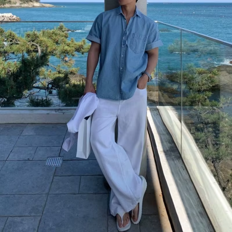 Chemise en jean délavé à manches courtes pour homme – Style décontracté et ample pour l'été