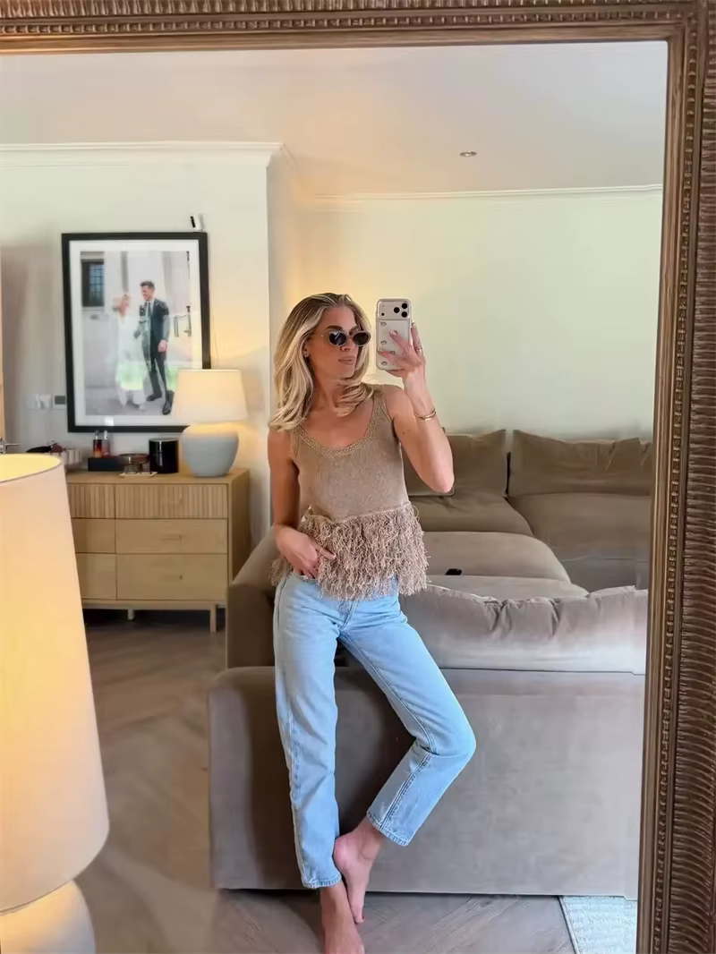 Haut pour femme Été 2026 Nouveauté Camel Sans Manches à Paillettes Style Vacances Sexy Tendance Unique High Street