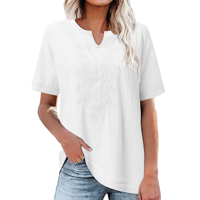 T-shirt décontracté ample à manches courtes en lin et coton brodé avec col en V et poche pour femme