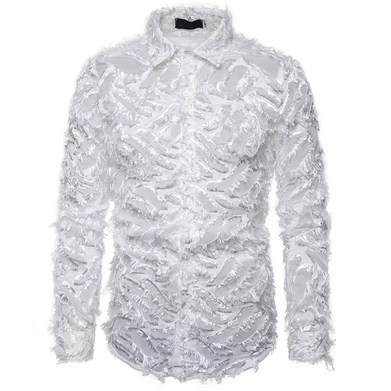 Chemise noire sexy à manches longues et plumes pour hommes